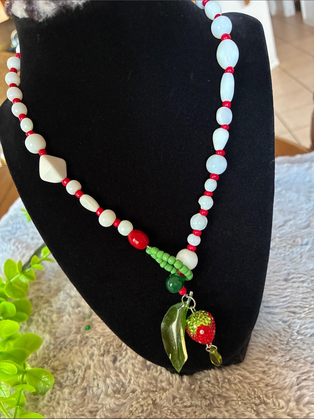 Beaded Strawberry Pendant Necklace - White, Red & Green -